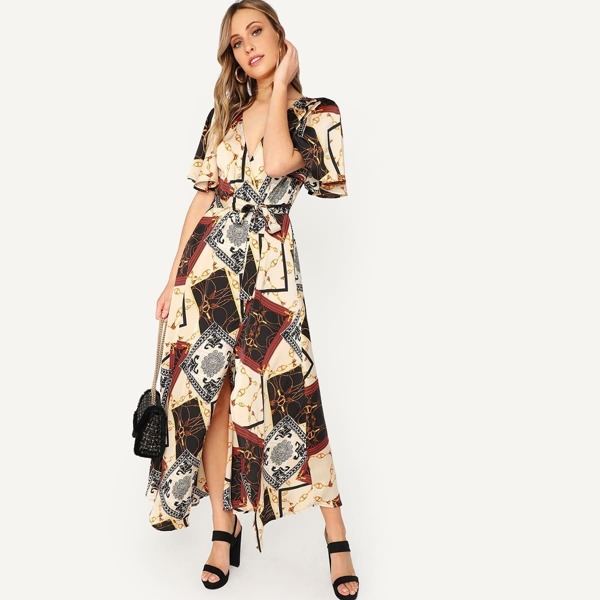 

Wrap Split Self Belted Scarf Print Dress