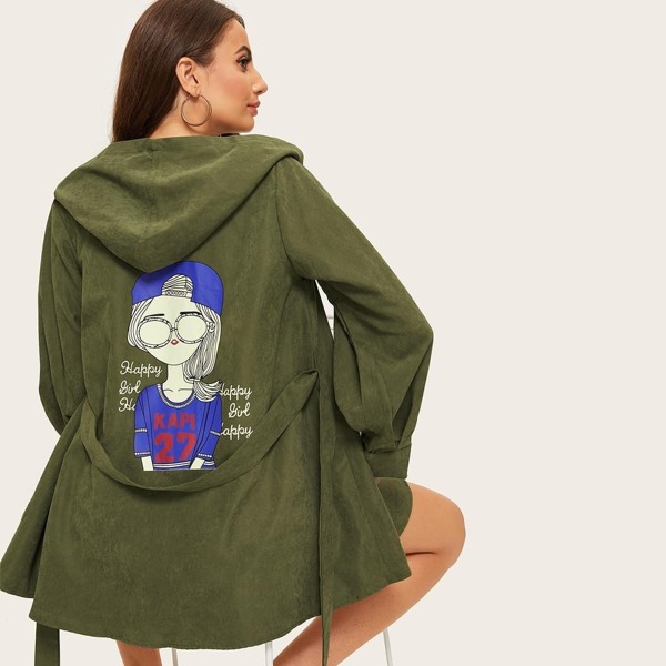 

Figure Print Back Hooded Coat With Belt, Army green