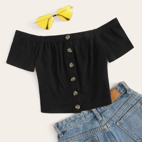 

Button Up Off Shoulder Crop Top, Black