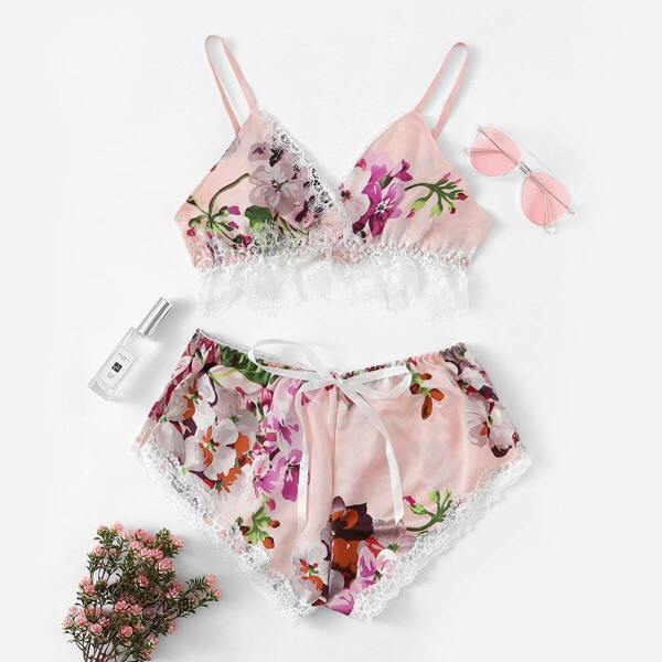 

Lace Trim Satin Floral Lingerie Set