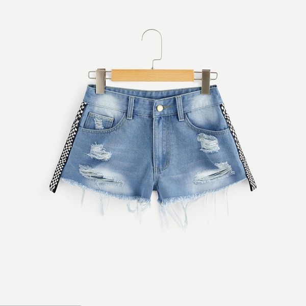 

Shredded Checkered Ripped Faded Denim Shorts