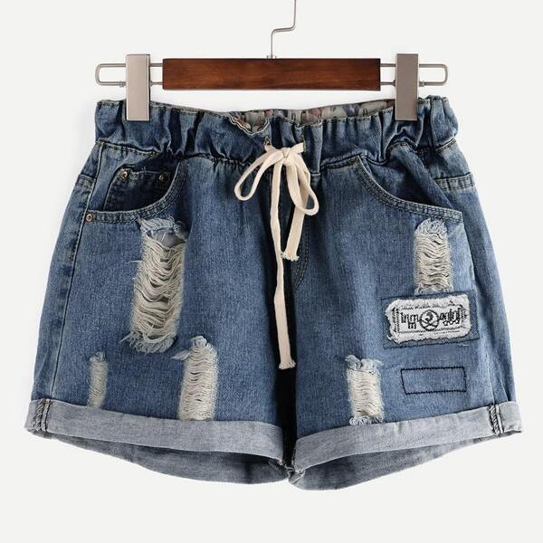 

Cuffed Ripped Drawstring Denim Shorts