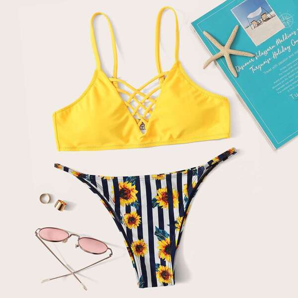 

Crisscross Neck Top With Thong Bikini Set, Multicolor