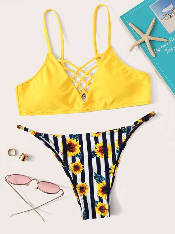 

Crisscross Neck Top With Thong Bikini Set, Multicolor
