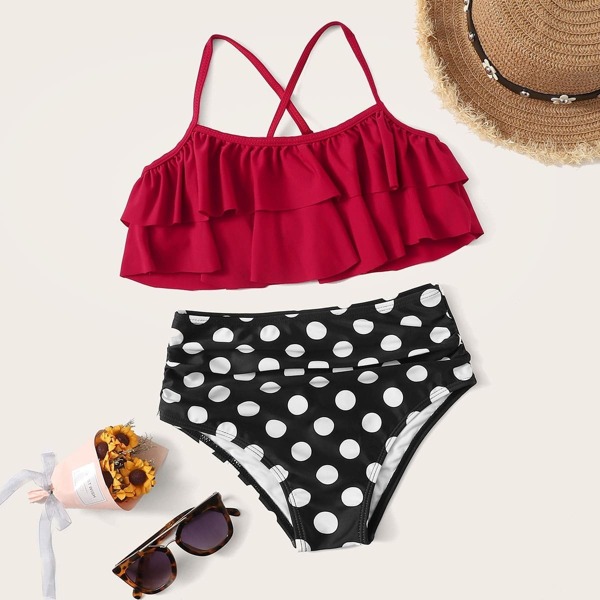 

Girls Criss Cross Top With Polka Dot Bikini, Multicolor