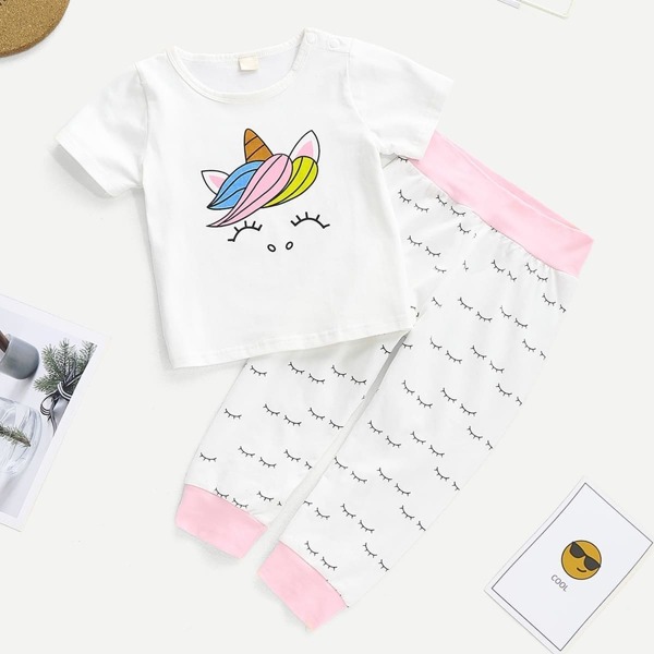 

Toddler Girls Cartoon Graphic Tee With Pants, White