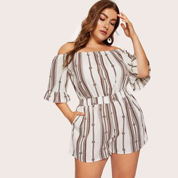 

Plus Off Shoulder Aztec Print Romper
