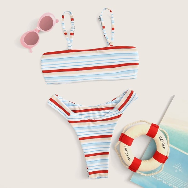 

Girls Striped High Cut Bikini Set, Multicolor