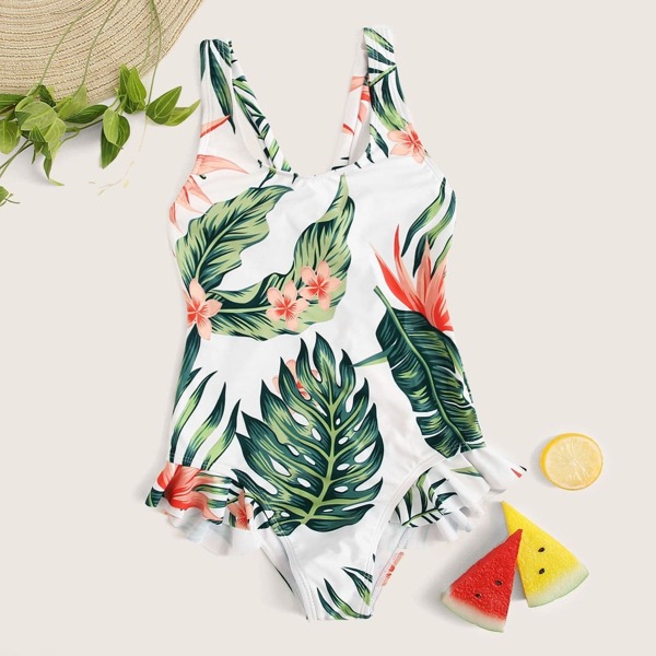 

Girls Tropical Ruffle Trim One Piece Swimwear