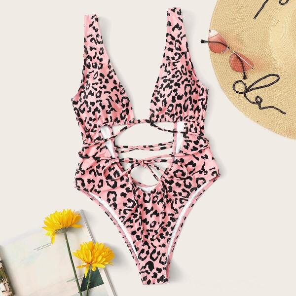 

Leopard U Back Self Tie One Piece Swimsuit