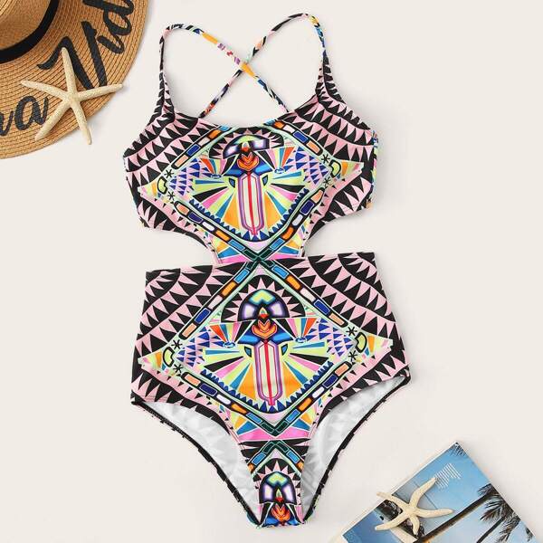 

Tribal Print Lace-up One Piece Swimsuit