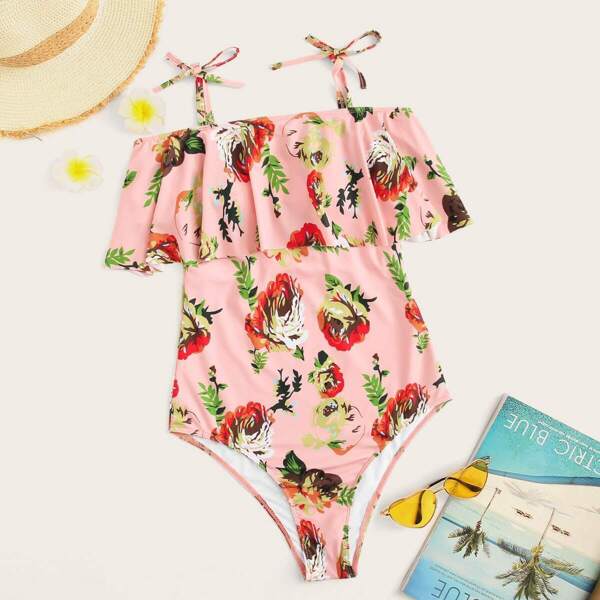 

Random Botanical Print Flounce One Piece Swimsuit