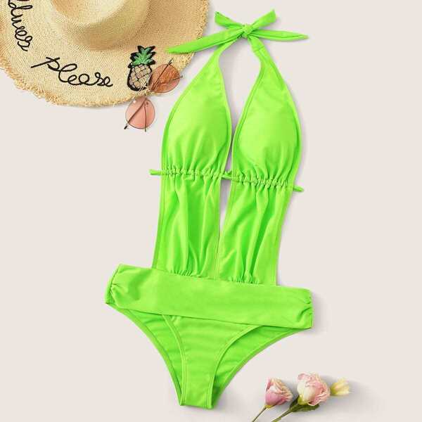 

Neon Lime Halter Cutout Plunge Neck Monokini, Green bright