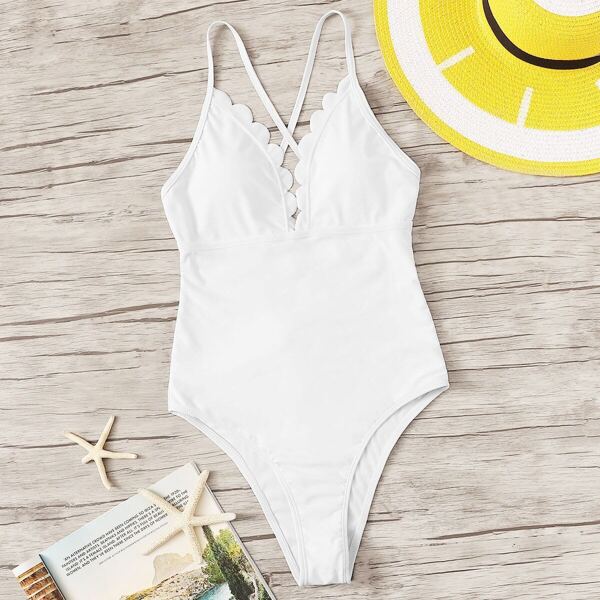 

Cross Back Scalloped Trim One Piece Swimsuit