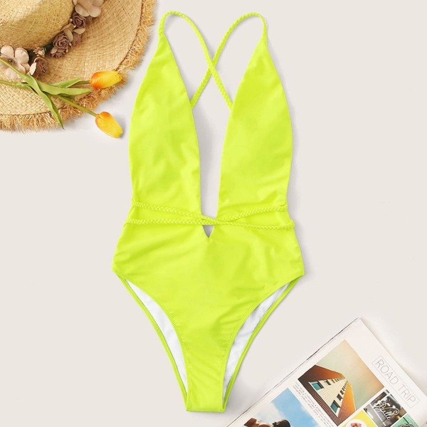 

Neon Yellow Plunging Criss Cross Back One Piece Swimsuit, Yellow bright