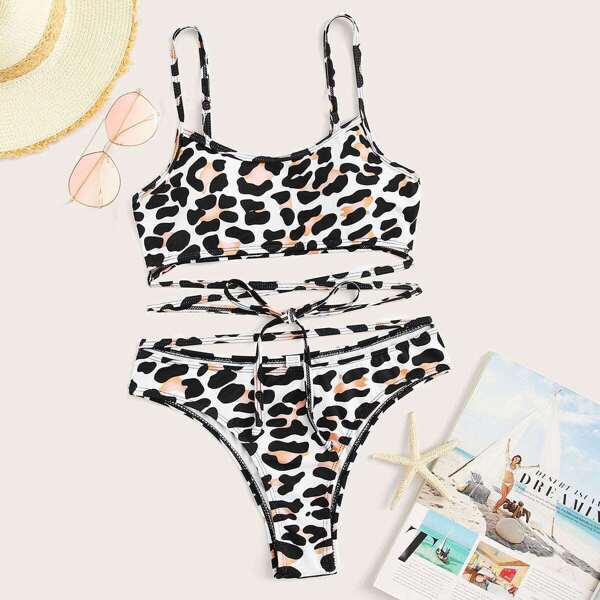 

Leopard Strappy Top With Cheeky Bikini Set