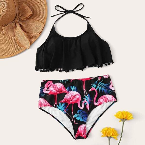 

Pom Pom Top With Tropical High Waist Bikini, Multicolor