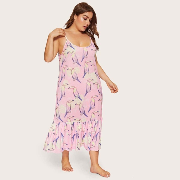 

Plus Parrot Print Ruffle Hem Night Dress, Pink