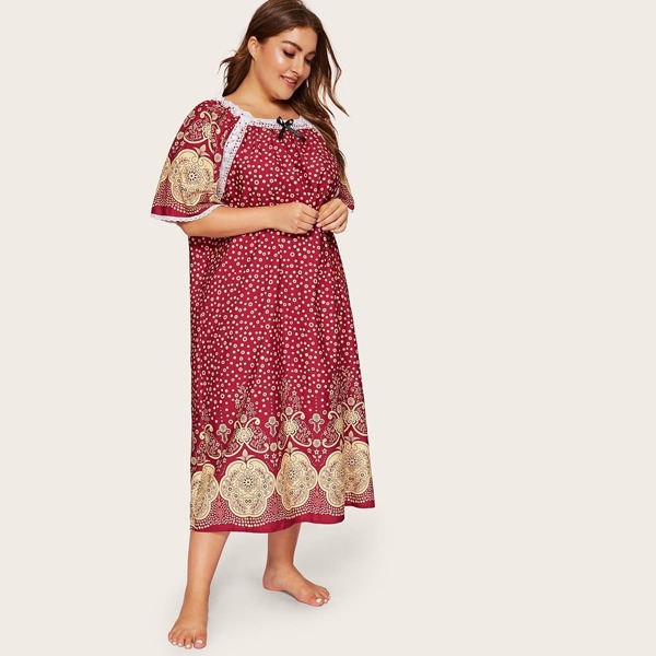 

Plus Contrast Lace Polka Dot Night Dress, Burgundy