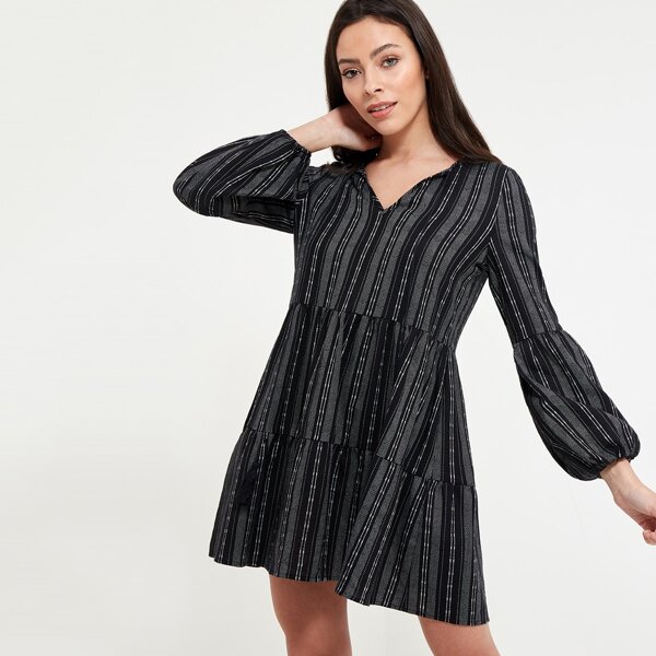 

V-neck Lantern Sleeve Tiered Striped Dress