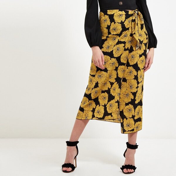 

Knot Waist Contrast Stitch Trim Floral Wrap Skirt, Multicolor