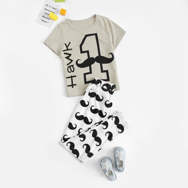 

Boys Moustache & Letter Graphic Pajama Set, Multicolor