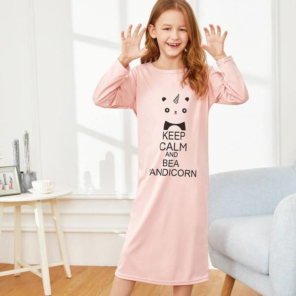 

Girls Panda & Letter Print Night Dress, Pink pastel