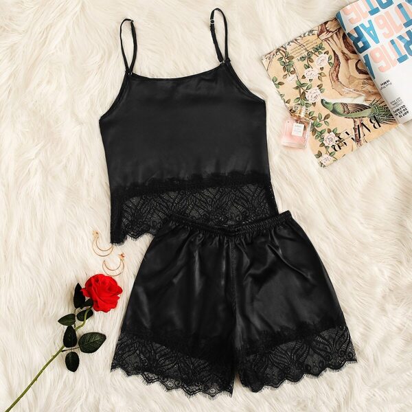 

Contrast Lace Satin Cami PJ Set, Black
