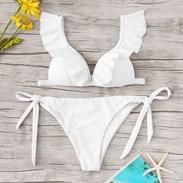 

Ruffle Top With Tie Side Bikini Set, White