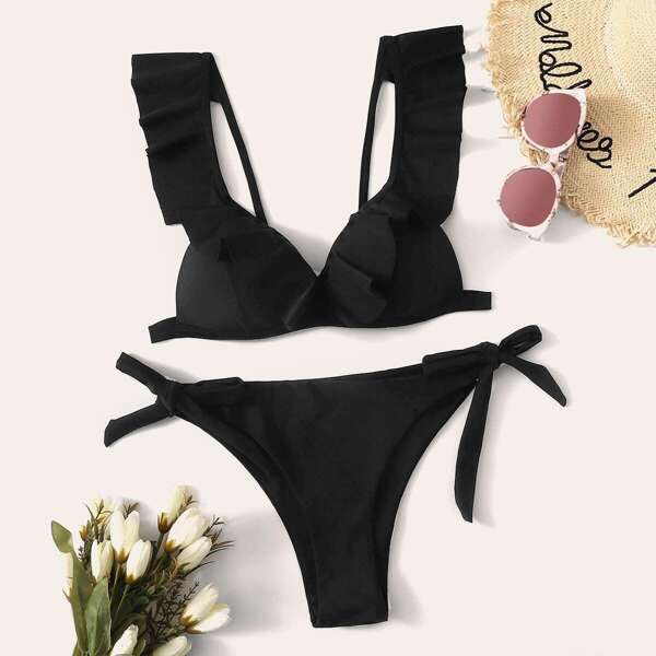 

Ruffle Top With Tie Side Bikini Set, Black