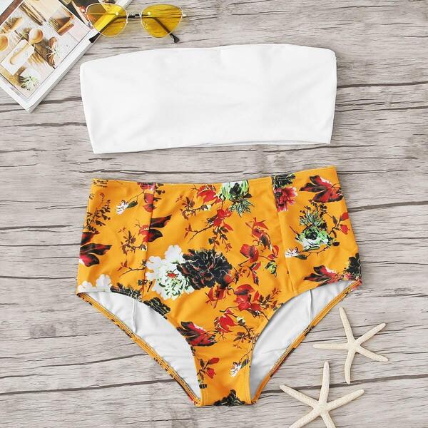 

Bandeau With Floral High Waist Bikini, Multicolor