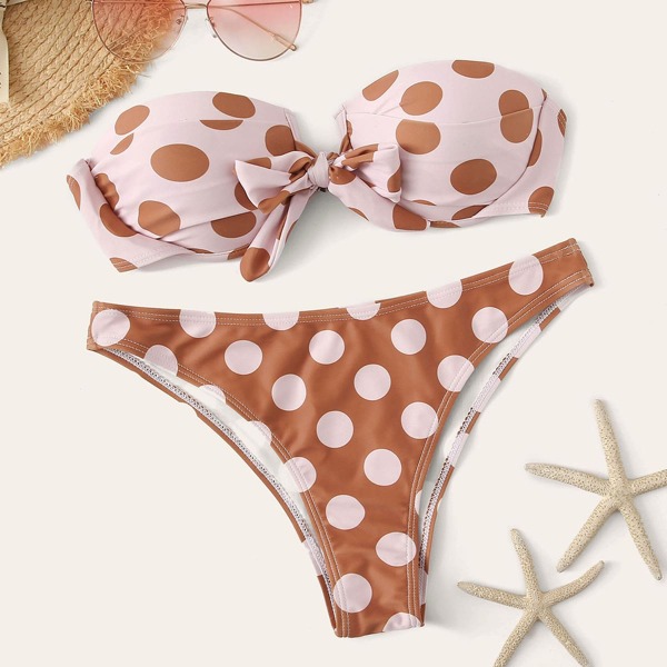 

Polka Dot Knot Front Bandeau With Panty Bikini