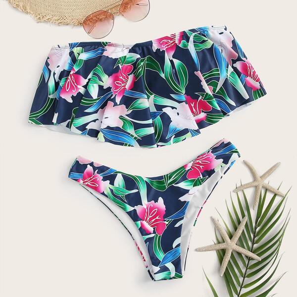 

Floral Flounce Bardot Top With High Cut Bikini