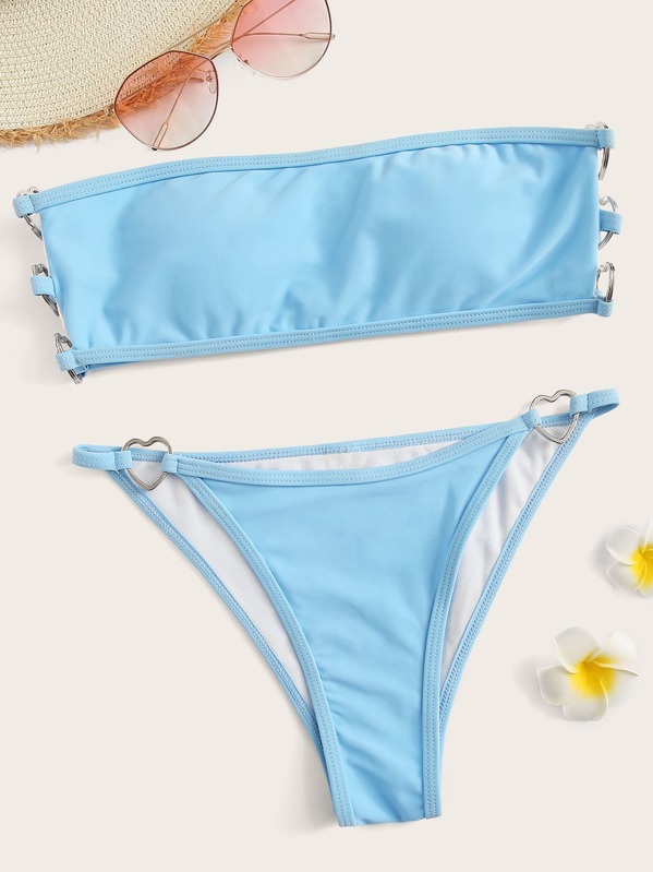 

Heart Ring Detail Bandeau With Tanga Bikini, Blue