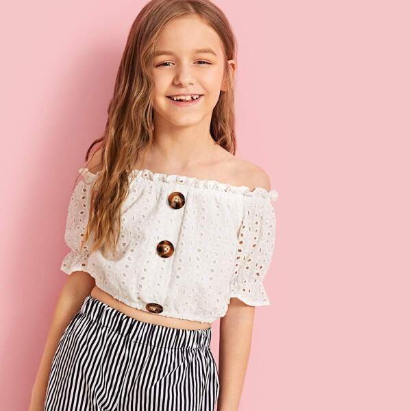 

Girls Button Detail Schiffy Embroidery Bardot Top, White