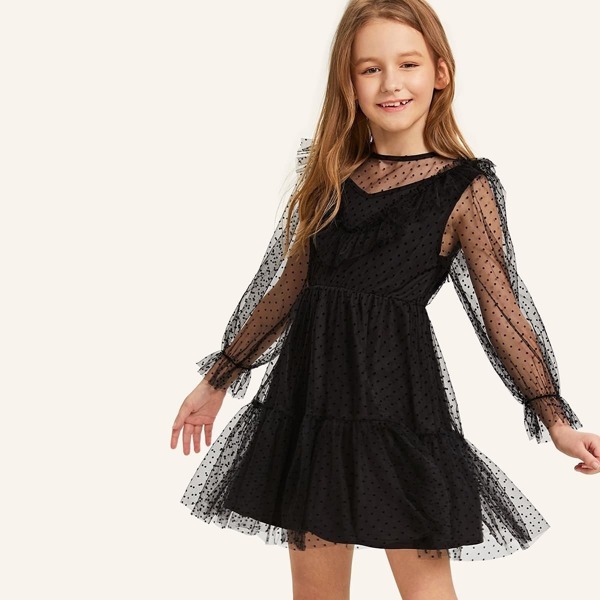 

Girls Ruffle Trim Polka Dot Mesh 2 In 1 Dress