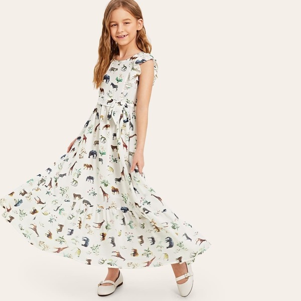 

Girls Belted Animal Print Ruffle Hem Maxi Dress