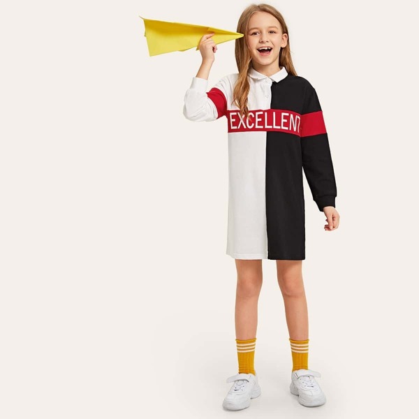 

Girls Color-block Letter Polo Dress