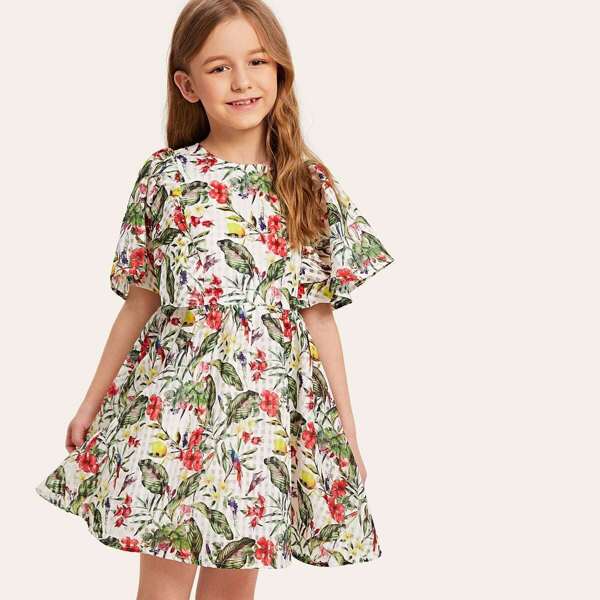 

Girls Flutter Sleeve Tropical Babydoll Dress, Multicolor