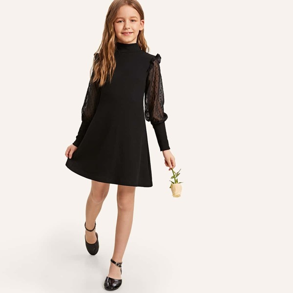 

Girls Keyhole Back Sheer Leg-of-mutton Sleeve Dress, Black
