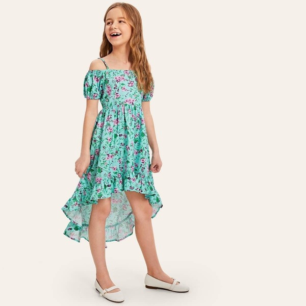 

Girls Ruffle Ditsy Floral Dip Hem Cami Dress