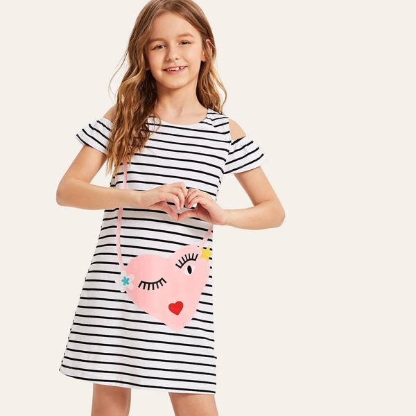 

Girls Cold Shoulder Striped & Heart Print Tunic Dress