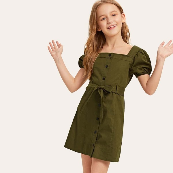 Girls Puff Sleeve Button Up Belted Dress
