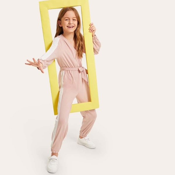 

Girls Tape Side Wrap Belted Jumpsuit, Pink