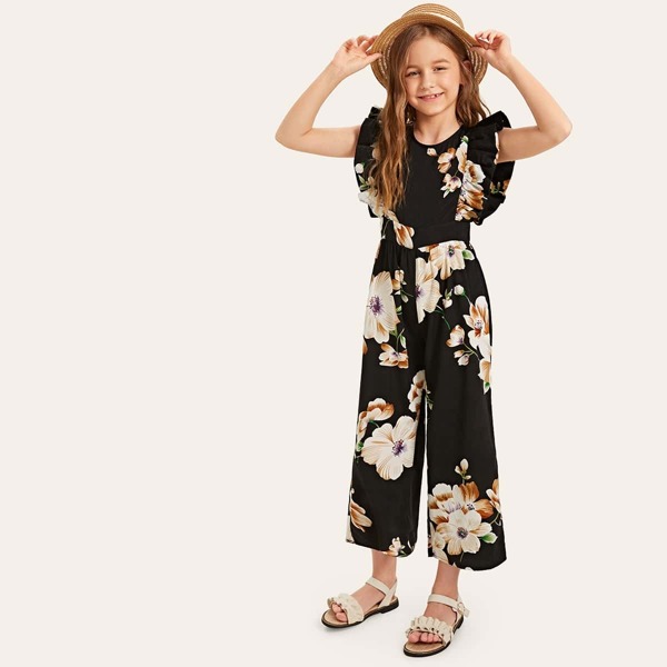 

Girls Flower Print Ruffle Jumpsuit, Multicolor