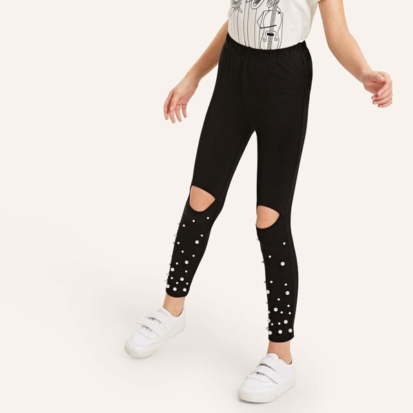 

Girls Cutout Knee Pearls Beaded Pants