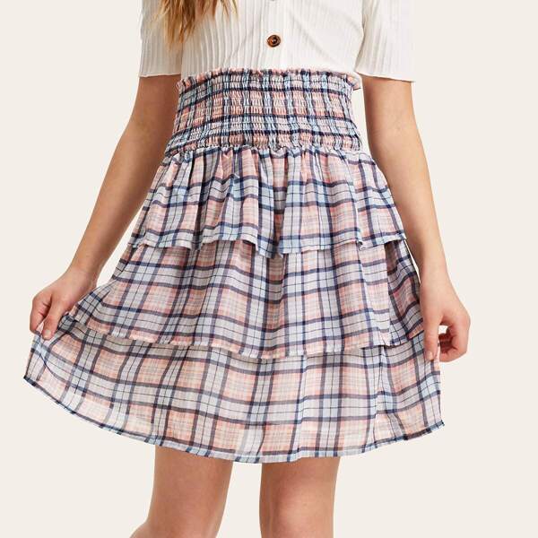 

Girls Wide Elastic Waist Layered Ruffle Plaid Skirt, Multicolor