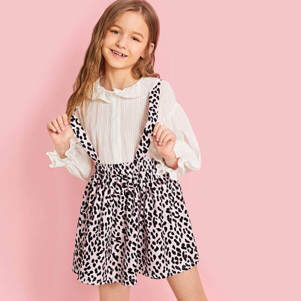 

Girls Solid Shirt & Leopard Skirt With Strap Set, Multicolor