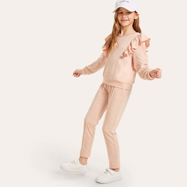 

Girls Ruffle Detail Solid Pullover & Pants Set