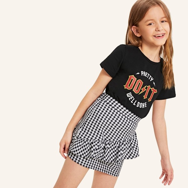 

Girls Letter Print Top & Ruffle Trim Gingham Skirt Set, Black and white